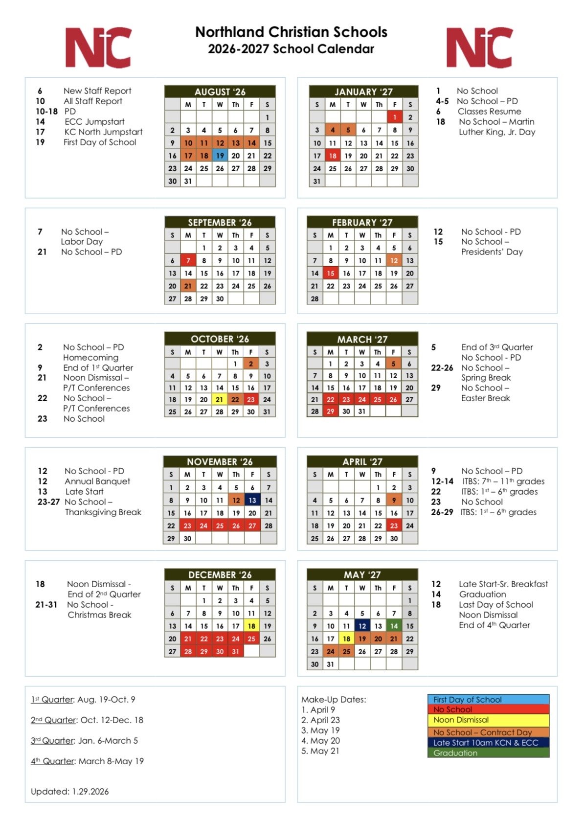 School Calendar — Northland Christian Trailblazers
